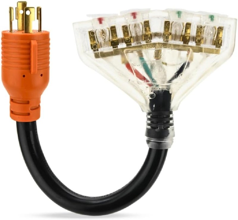 NVKABVY 30 Amp to 110 Adapter RV Cord, 30 Amp to 20 Amp Adapter, l14-30P Male to 4X 5-15R/5-20R T-Blade Household Outlet Female with Lighted Power Indicator UL Listed (L14-30P to 4X5-15R/5-20R) - Image 1